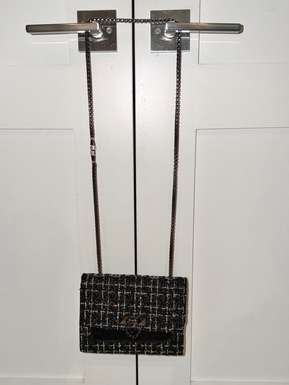 Black Tweed Chain Shoulder Bag with Leather Trim